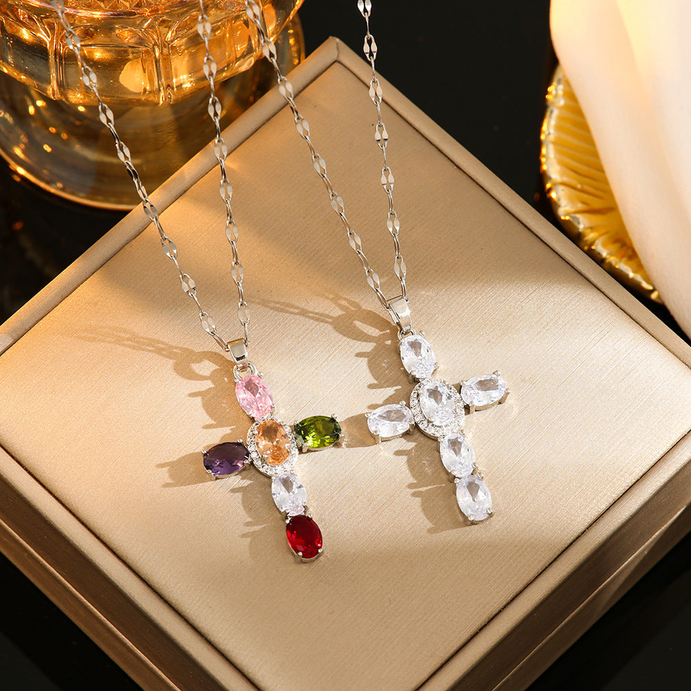 Gemstone Cross Drop Necklace