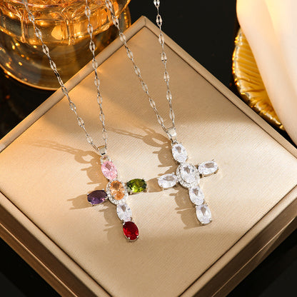Gemstone Cross Drop Necklace